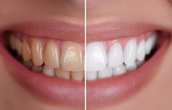 Before and after image of stained and whiter teeth